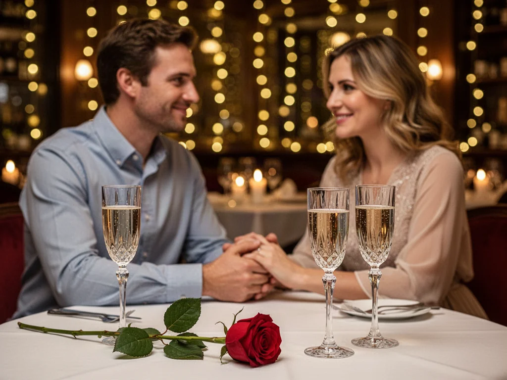 Para w średnim wieku świętuje rocznicę ślubu przy romantycznej kolacji z winem i świecami w przytulnej restauracji.